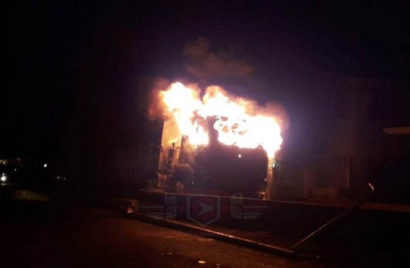 The truck on fire.
