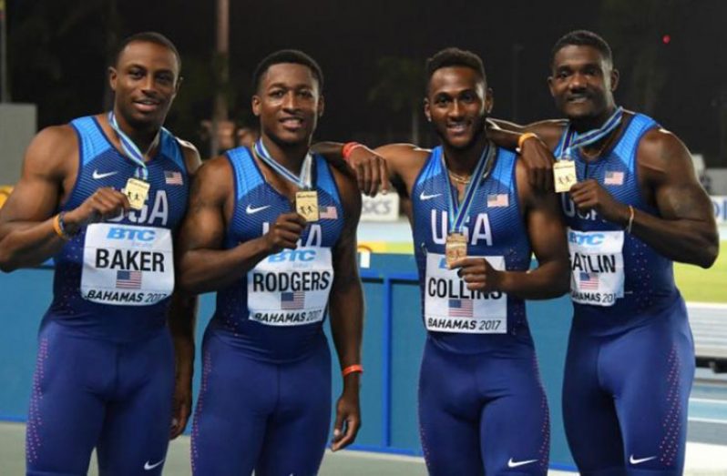 Members of the United States 4 x 100m relay (from mleft): Ronnie Backer and Michael Rodgers and Leshon Collins and Justin Gatlin pose after winning in 38.43 during the IAAF World Relays at Thomas A. Robinson Stadium. Mandatory Credit: Kirby Lee-USA TODAY Sports