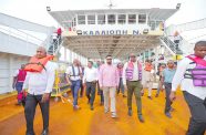 President Dr. Irfaan Ali and Minister of Public Utilities and Aviation Deodat Indar along with several maritime officials  inspecting the newly acquired vessel that arrived in Guyana from Greece on Wednesday (Minister of Public Utilities and Aviation, Deodat Indar/Facebook)