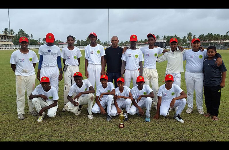 A victorious Lower Corentyne Secondary team after they defeated Chase Academy yesterday. (Photo by Rajiv Bisnauth)