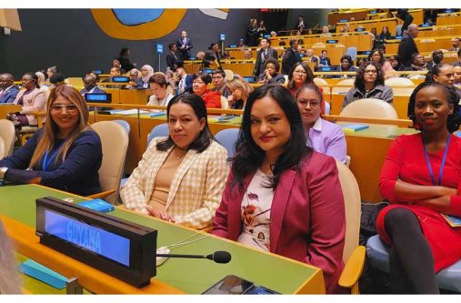 Minister of Human Services and Social Security, Dr. Vindhya Persaud and Permanent Representative of Guyana to the UN, Carolyn Rodrigues, with ministry heads at CSW69 (Ministry of Human Services photo)