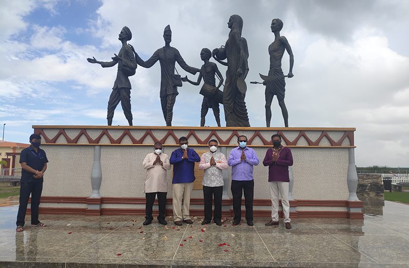 High Commissioner, Dr KJ Srinivasa (centre) and Minister Persaud (second right) with other officials on a visit to the Indian Arrival Monument at Palmyra Village, Region Six on Wednesday