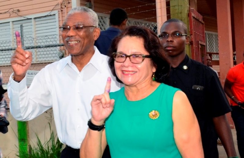 President David Granger and First Lady Sandra Granger at Enterprise Primary School, Durban Backlands, Georgetown after voting. [Adrian Narine Photo]