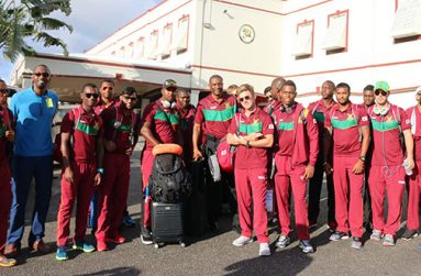 A jubilant Amazon Warriors squad after they arrived at the Cheddi Jagan International Airport.Director of Sport Christopher Jones was on hand to greet the players