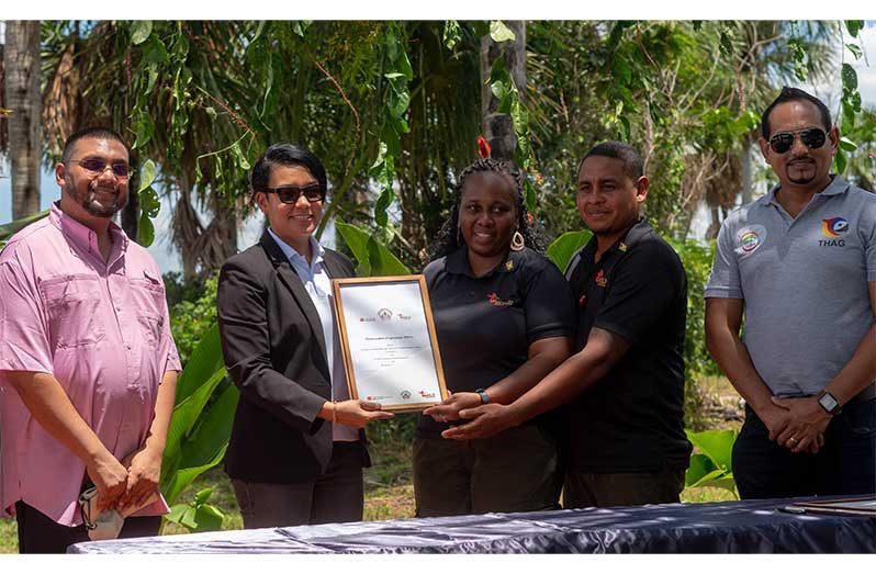 Director of GTA, Kamrul Baksh, Tourism Minister Susan Rodrigues, Waia Green Escapes’ Shebana Daniels and Keron Samuels, and the President of the Tourism and Hospitality Association of Guyana, Mitra Ramkumar