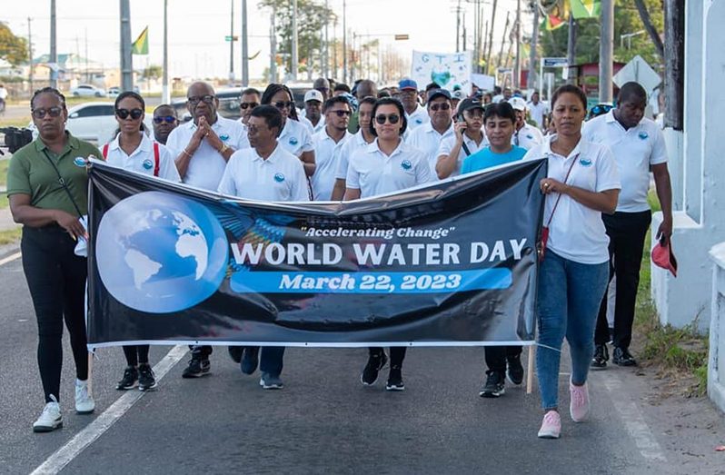 Minister within the Ministry of Housing and Water, Susan Rodrigues and GWI’s Chief Executive Officer, Shaik Baksh, leading the World Water Day walkathon (DPI photo)