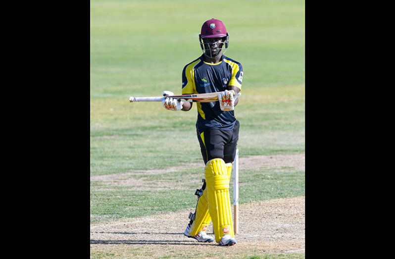 Chadwick Walton celebrates his career-best List A hundred against England on Saturday. (Photo courtesy WICB Media)