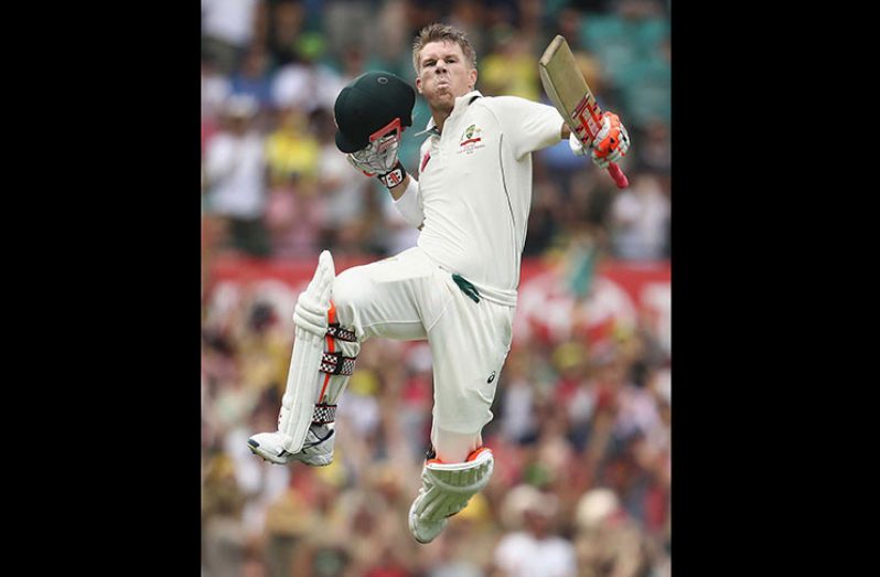 David Warner leaps to celebrate his record ton.
