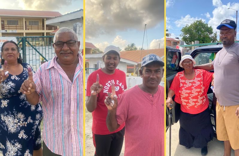 FROM LEFT : Mr Kendranauth Kaimraj and his wife voting,  a father and his son,  who is a first time voter and  an elderly woman  being  assisted by her son  (Indrawattie Natram photos)