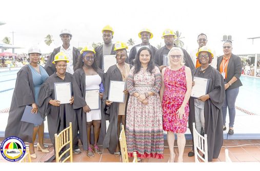 Services Minister Dr. Vindhya Persaud and Director of Nations University Inc., Pamela O’Toole at the City and Guilds graduation in April (MHSSS photo)
