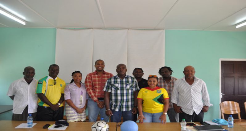 New EBFA president Franklin Wilson (5th right), GFF Normalisation Committee Chairman Clinton Urling (4th left) and GFF GS Diedre Davis (3rd right) with some other EBFA executives after yesterday’s elections.