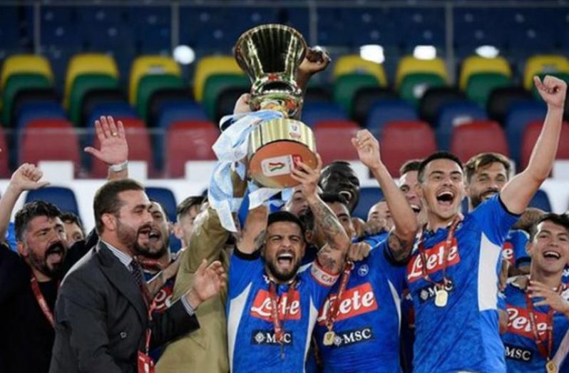 In line with safety protocols born from the coronavirus pandemic, Napoli had to collect the Coppa Italia trophy themselves.
