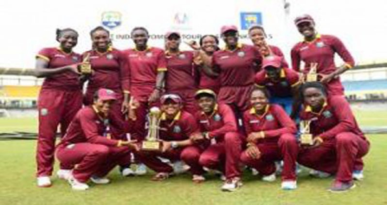 West Indies Women pose with the series trophy after beating Sri Lanka Women.