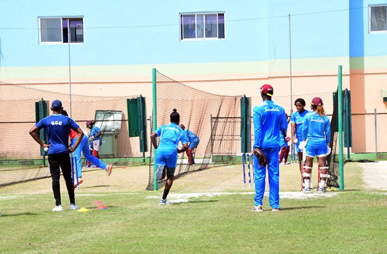 Windies Women  assistant  coach Rayon Griffith  looks on as his squad conduct their pre-match net session ahead of toda’s first match at Providence Stadium. (Adrian Narine photo)