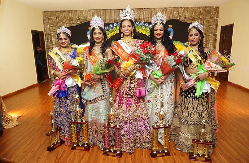 Miss India Guyana 2019, Rafeena Haniff (centre) is flanked by, from left, second runner-up Sharona Haniff; Miss Teen India Guyana 2019 Yashmini Sarjoo; Mrs India Guyana 2019 Kristal Inshan; and Miss India Guyana 2019 first runner-up Sandeka Rampersaud (Elvin Croker photo)