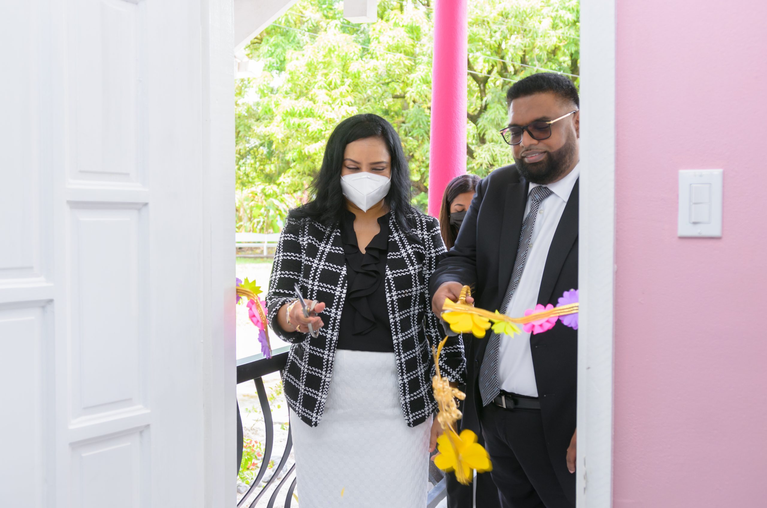 Human Services and Social Security Minister, Dr. Vindhya Persaud and President Irfaan Ali cut the ceremonial ribbon at the launch of the new business incubator and mobile app (Delano Williams photo)