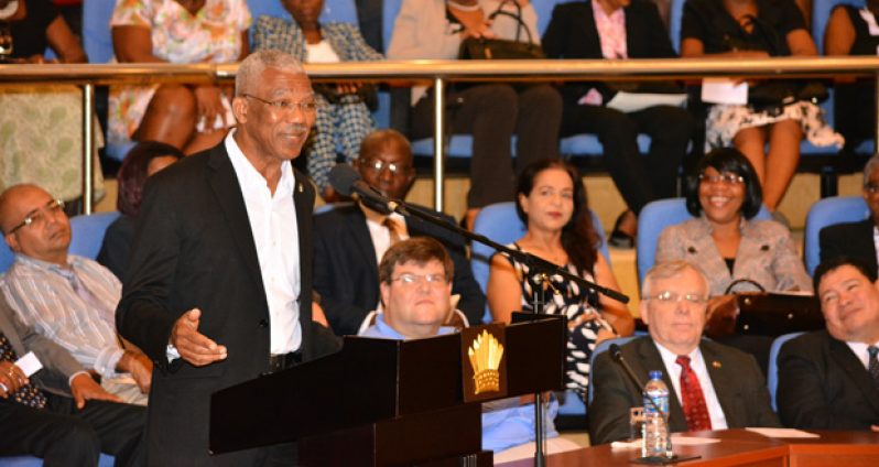 President David Granger during his feature address yesterday at the Women’s Day Conference at the Arthur Chung Convention Centre