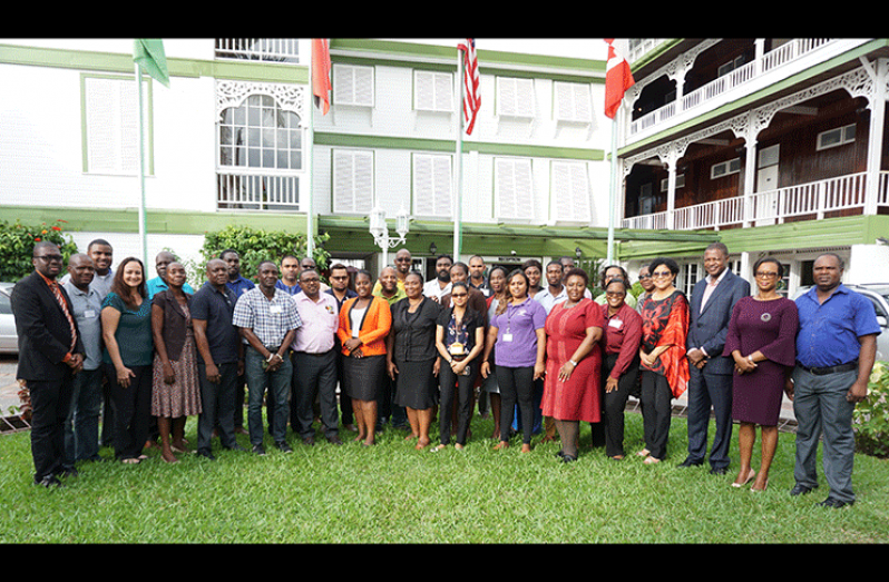 Dr. Hassan Bata Ndahi, Senior Specialist for Skills and Employability at the ILO’s Caribbean Office (third from right); and BIT Chief Executive Officer, Richard Maughn (left), pose with some of the participants of the Workshop (Elvin Croker photo)