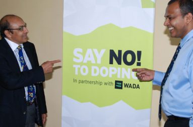 Say No To Doping! Minister of Culture, Youth and Sport, Dr Frank Anthony (right) and president of the Guyana Olympic Association at the MCYS Anti-Doping seminar yesterday.