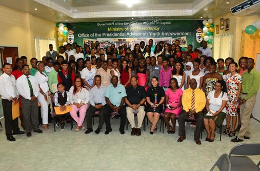youth3 Prime Minister Moses Nagamootoo and Presidential Advisor on Youth Empowerment, Mr. Aubrey Norton and other facilitators pose with the 88 graduates of the Youth Leadership Training Course